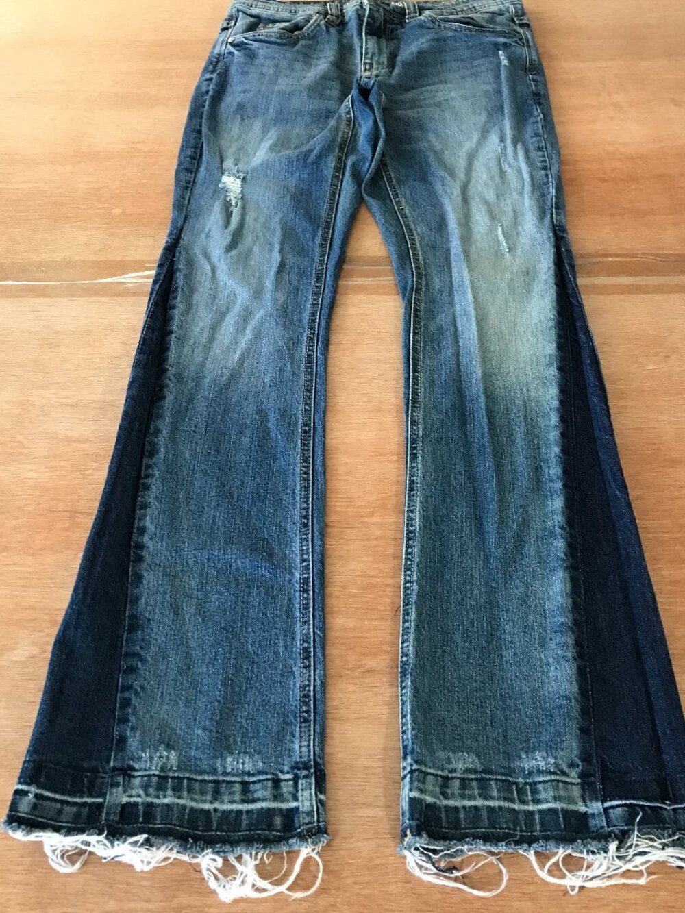 Ninth Hall Signal Jeans Men 30x32 Blue 2 Tone Panel Flare Distressed Raw Hem
